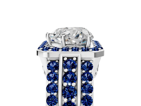 White gold Heart Cut Halo Diamond Ring with Round with Blue Sapphire side stone Split Shank and Prong Setting_41