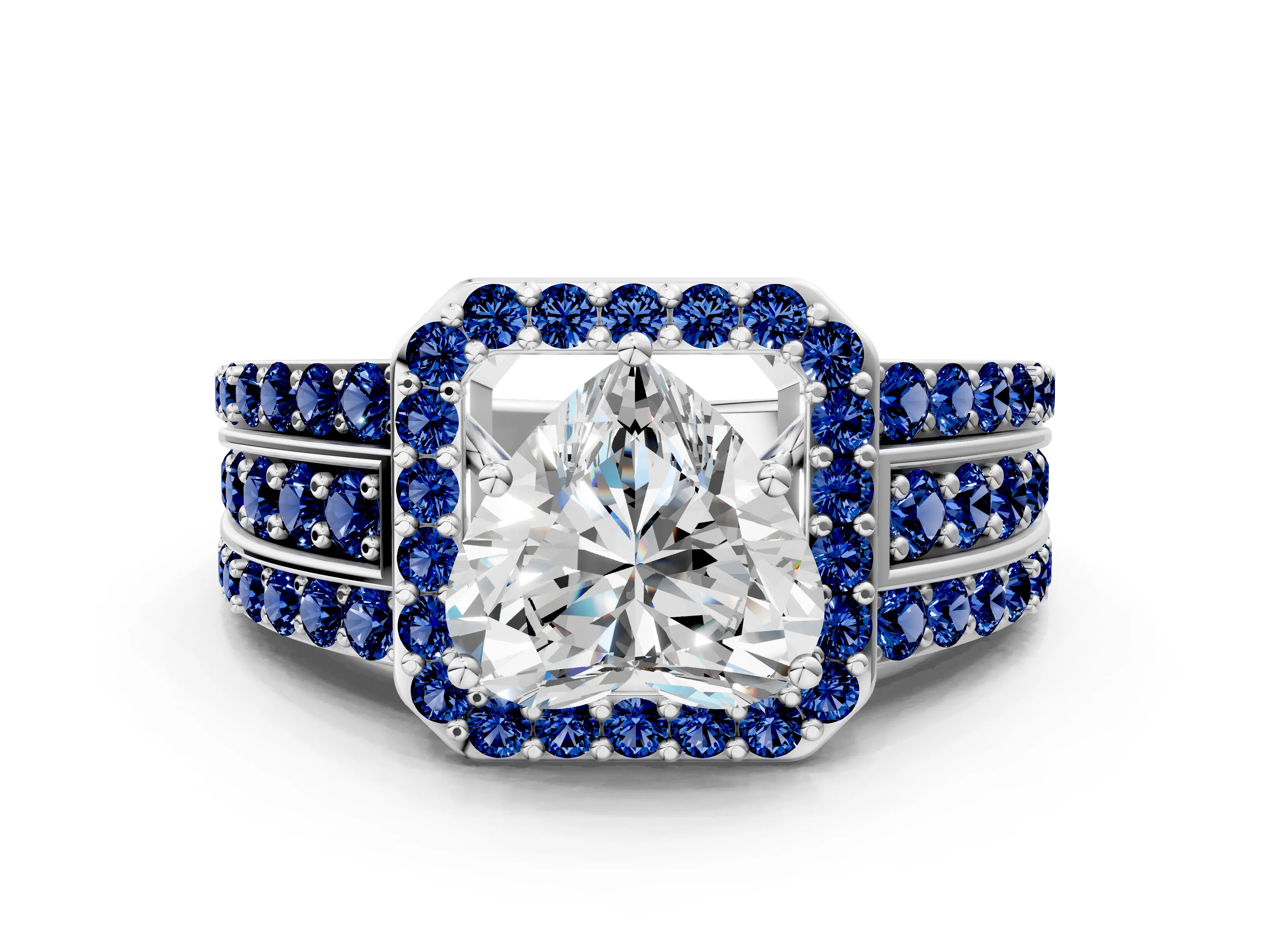White gold Heart Cut Halo Diamond Ring with Round with Blue Sapphire side stone Split Shank and Prong Setting_48
