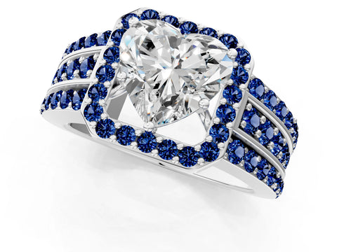 White gold Heart Cut Halo Diamond Ring with Round with Blue Sapphire side stone Split Shank and Prong Setting_49