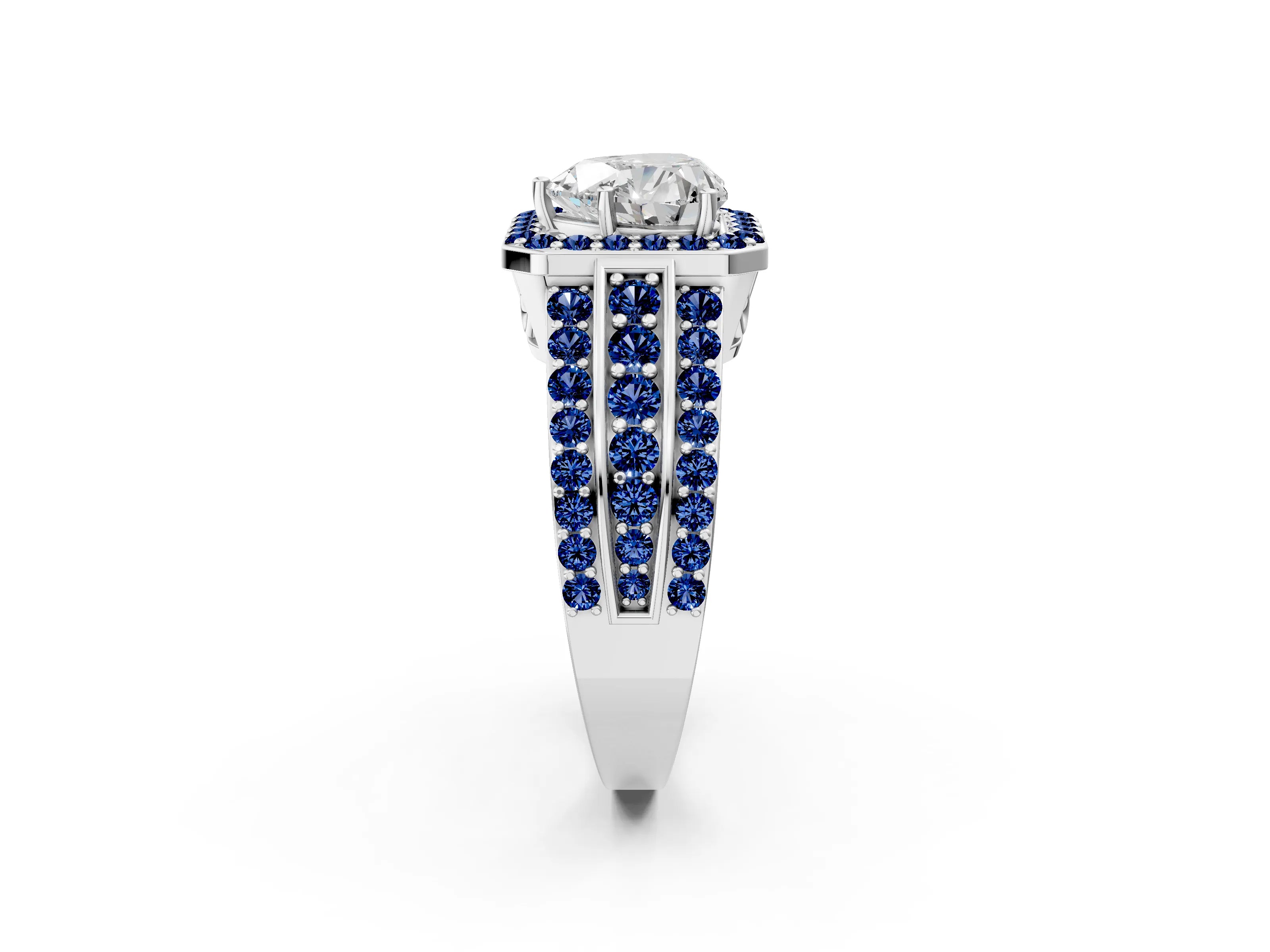 White gold Heart Cut Halo Diamond Ring with Round with Blue Sapphire side stone Split Shank and Prong Setting_50