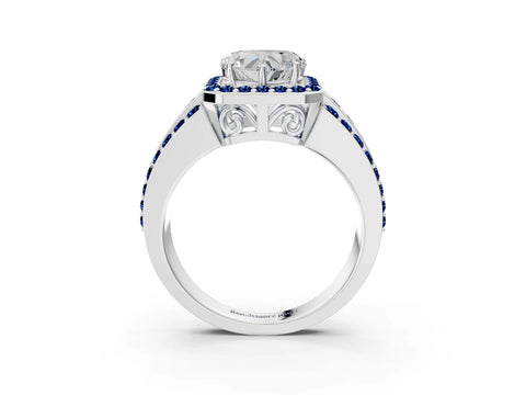 White gold Heart Cut Halo Diamond Ring with Round with Blue Sapphire side stone Split Shank and Prong Setting_51