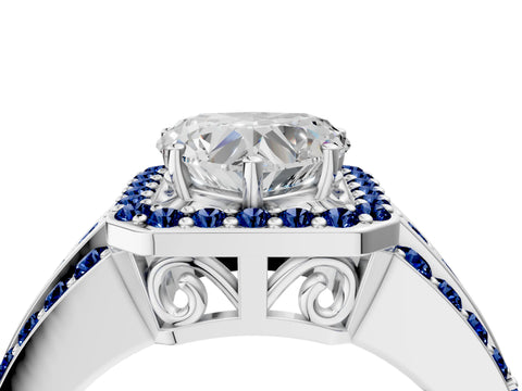 White gold Heart Cut Halo Diamond Ring with Round with Blue Sapphire side stone Split Shank and Prong Setting_52