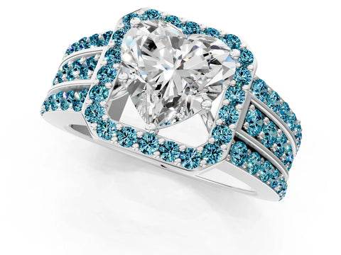 White gold Heart Cut Halo Diamond Ring with Round with Blue Topaz side stone Split Shank and Prong Setting_37