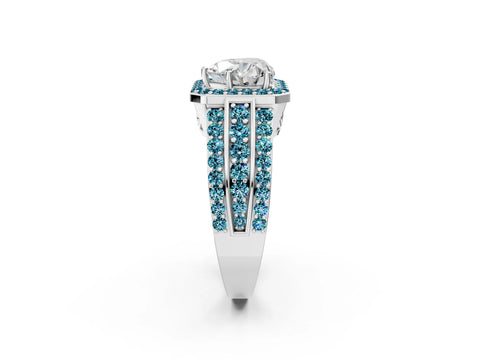White gold Heart Cut Halo Diamond Ring with Round with Blue Topaz side stone Split Shank and Prong Setting_38