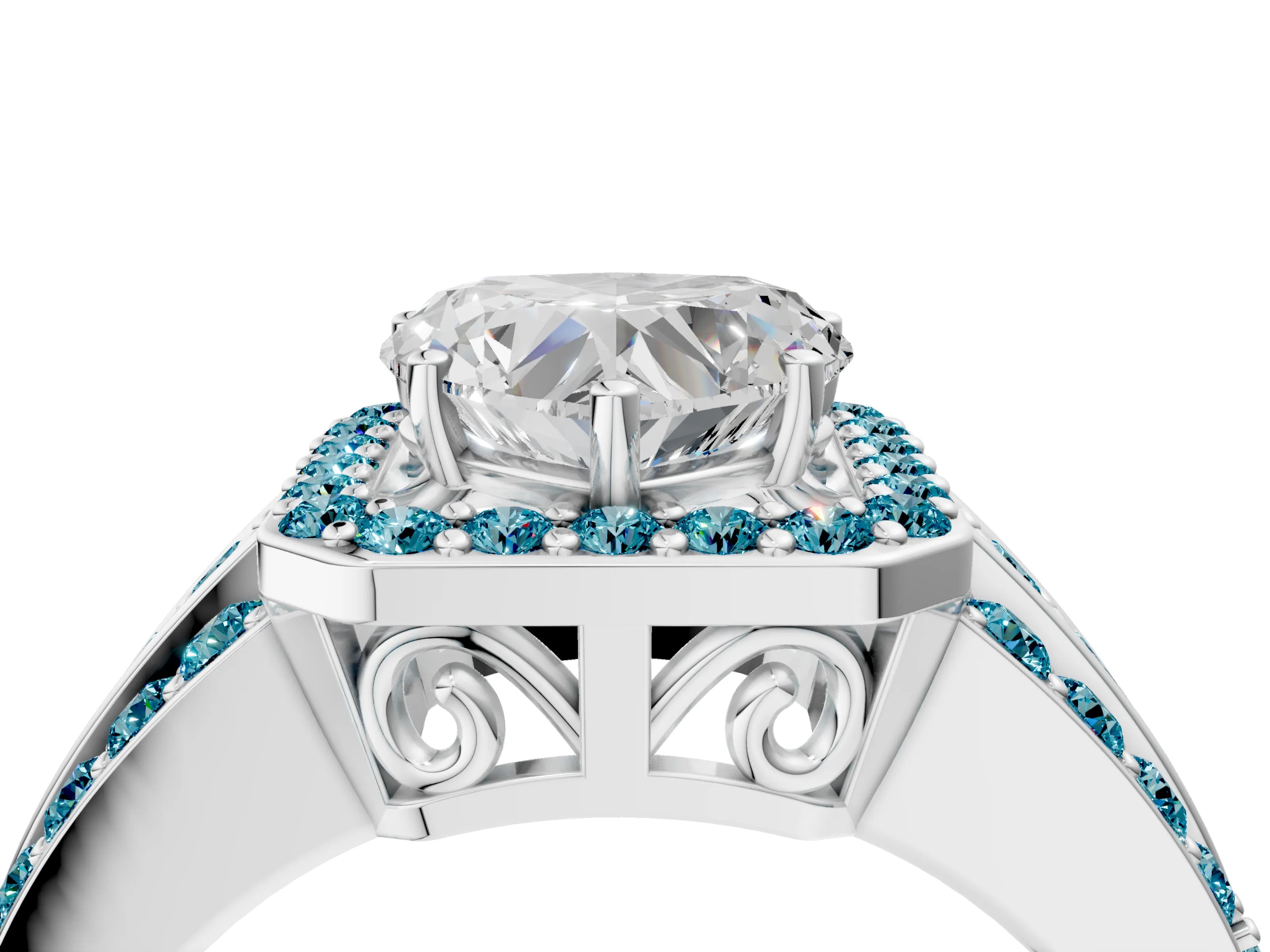 White gold Heart Cut Halo Diamond Ring with Round with Blue Topaz side stone Split Shank and Prong Setting_40