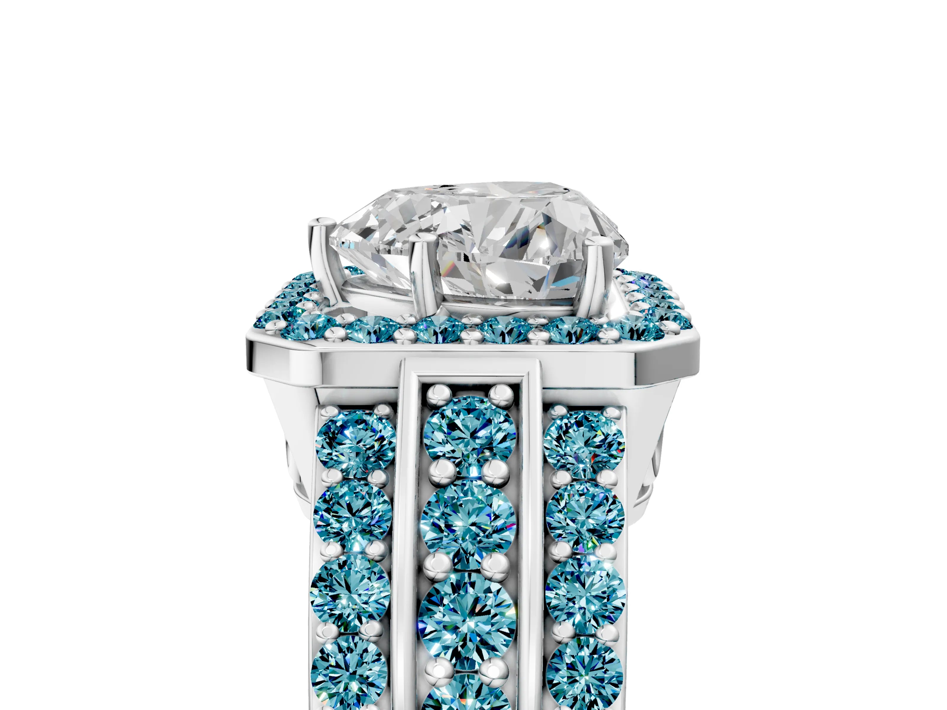 White gold Heart Cut Halo Diamond Ring with Round with Blue Topaz side stone Split Shank and Prong Setting_41