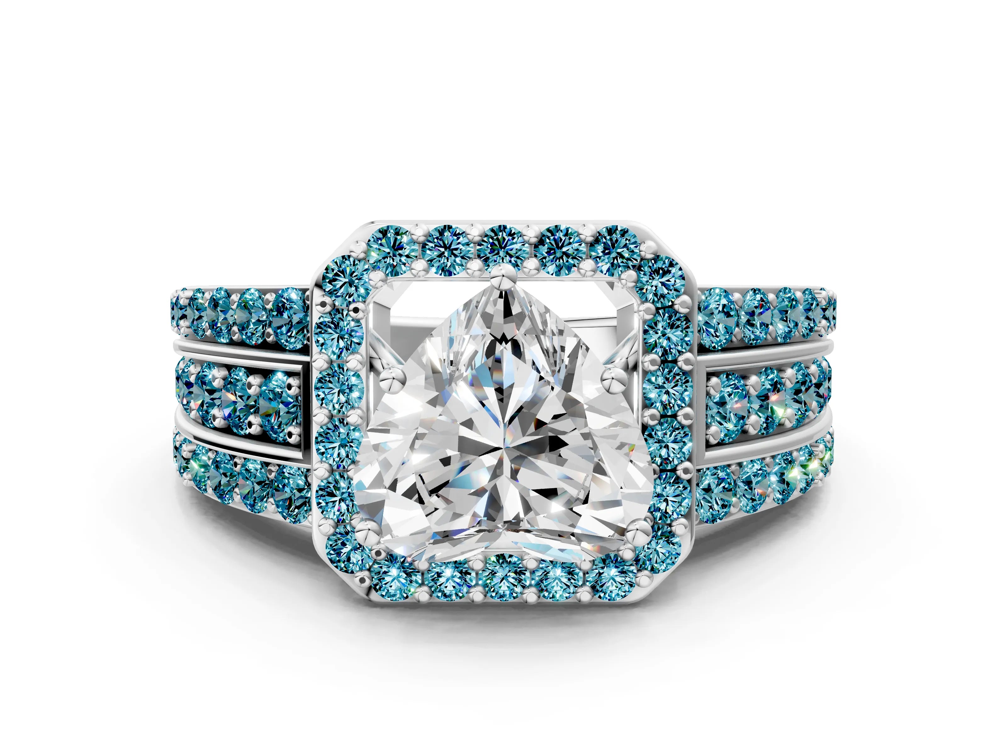 White gold Heart Cut Halo Diamond Ring with Round with Blue Topaz side stone Split Shank and Prong Setting_48