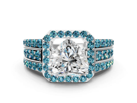 White gold Heart Cut Halo Diamond Ring with Round with Blue Topaz side stone Split Shank and Prong Setting_48