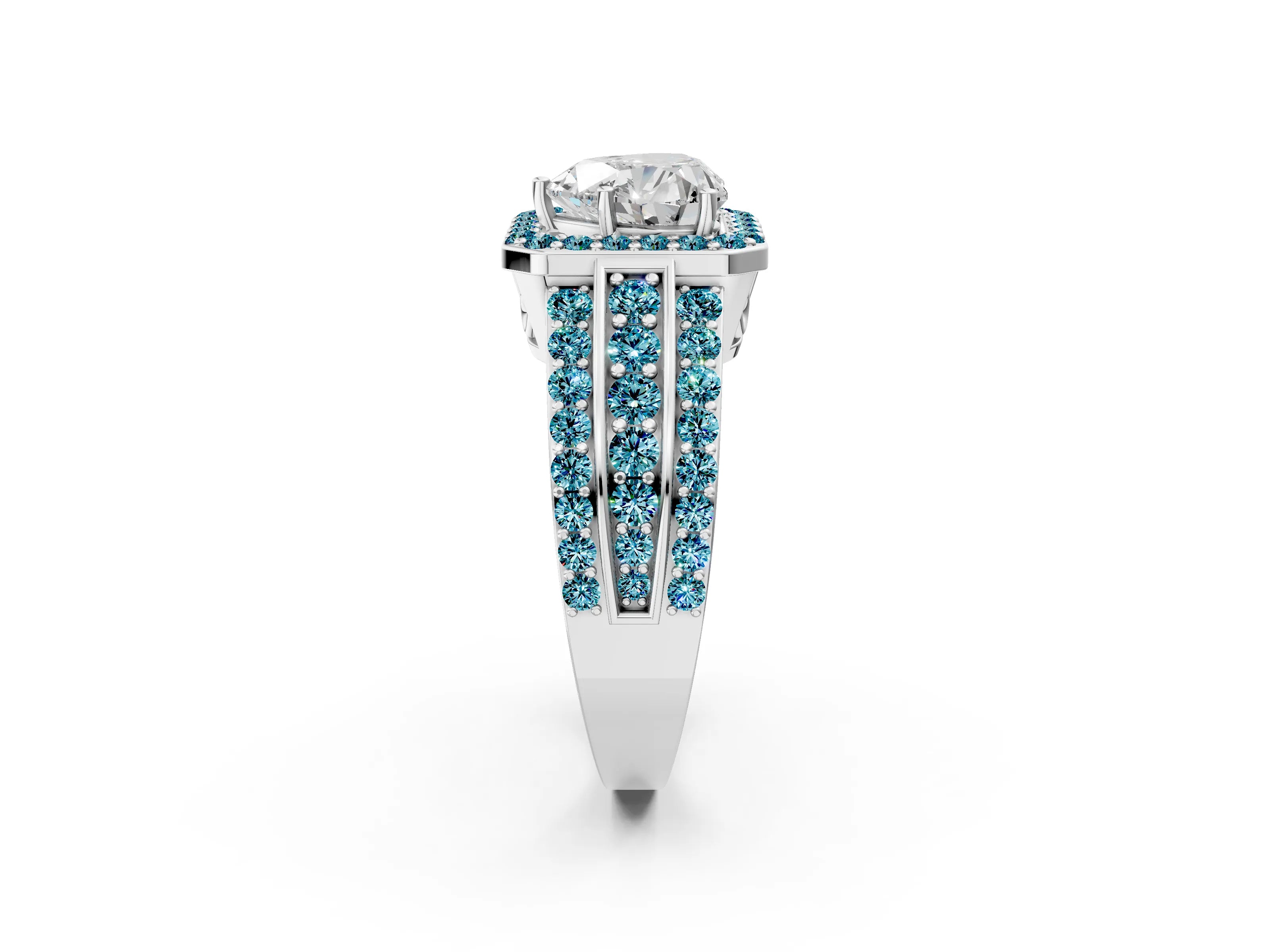 White gold Heart Cut Halo Diamond Ring with Round with Blue Topaz side stone Split Shank and Prong Setting_50