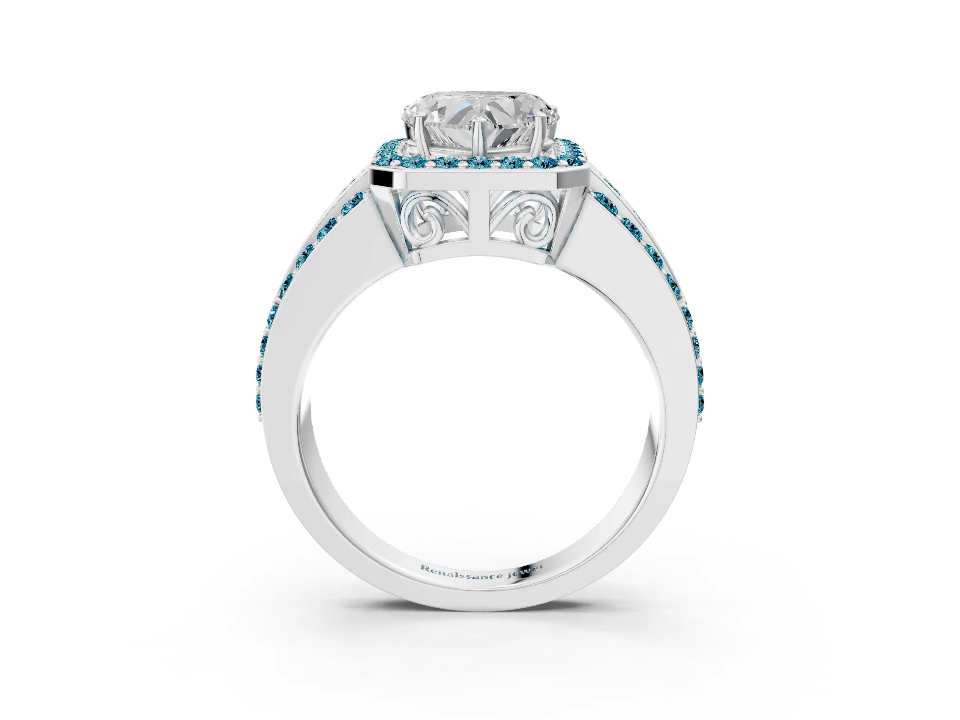 White gold Heart Cut Halo Diamond Ring with Round with Blue Topaz side stone Split Shank and Prong Setting_51