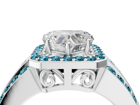 White gold Heart Cut Halo Diamond Ring with Round with Blue Topaz side stone Split Shank and Prong Setting_52