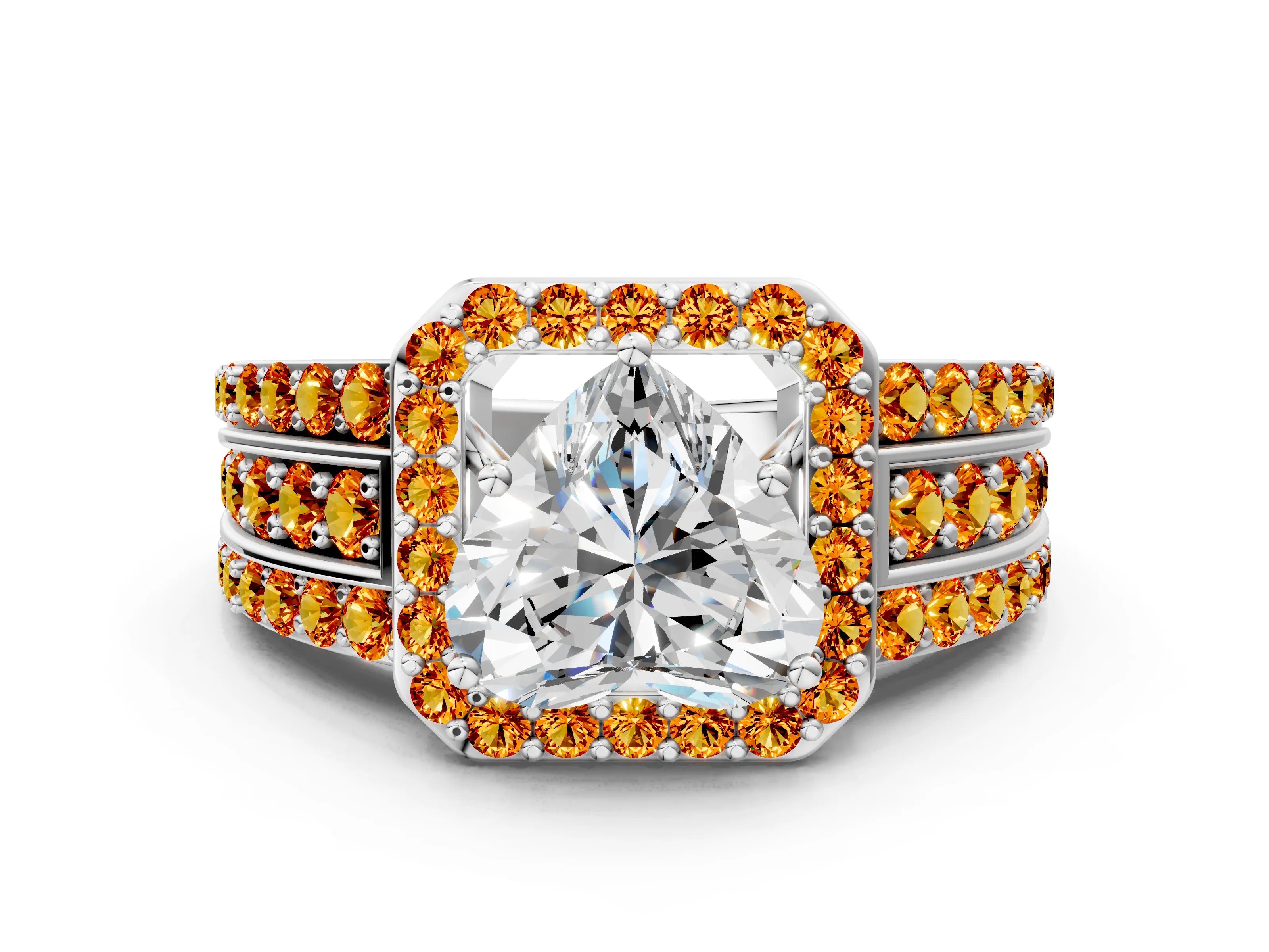 White gold Heart Cut Halo Diamond Ring with Round with Citrine side stone Split Shank and Prong Setting_12