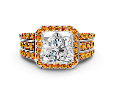 White gold Heart Cut Halo Diamond Ring with Round with Citrine side stone Split Shank and Prong Setting_12