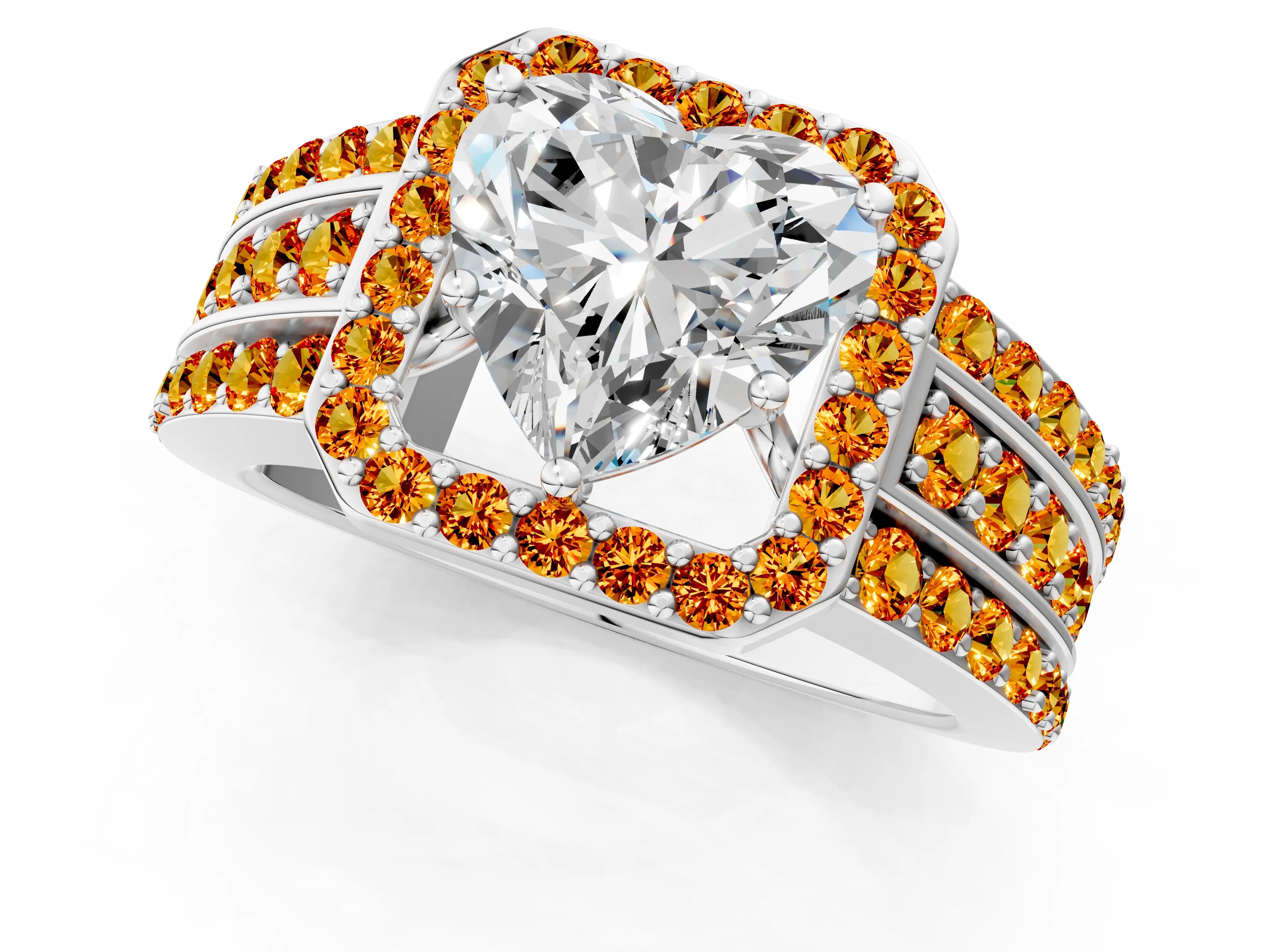 White gold Heart Cut Halo Diamond Ring with Round with Citrine side stone Split Shank and Prong Setting_13