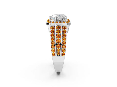 White gold Heart Cut Halo Diamond Ring with Round with Citrine side stone Split Shank and Prong Setting_14