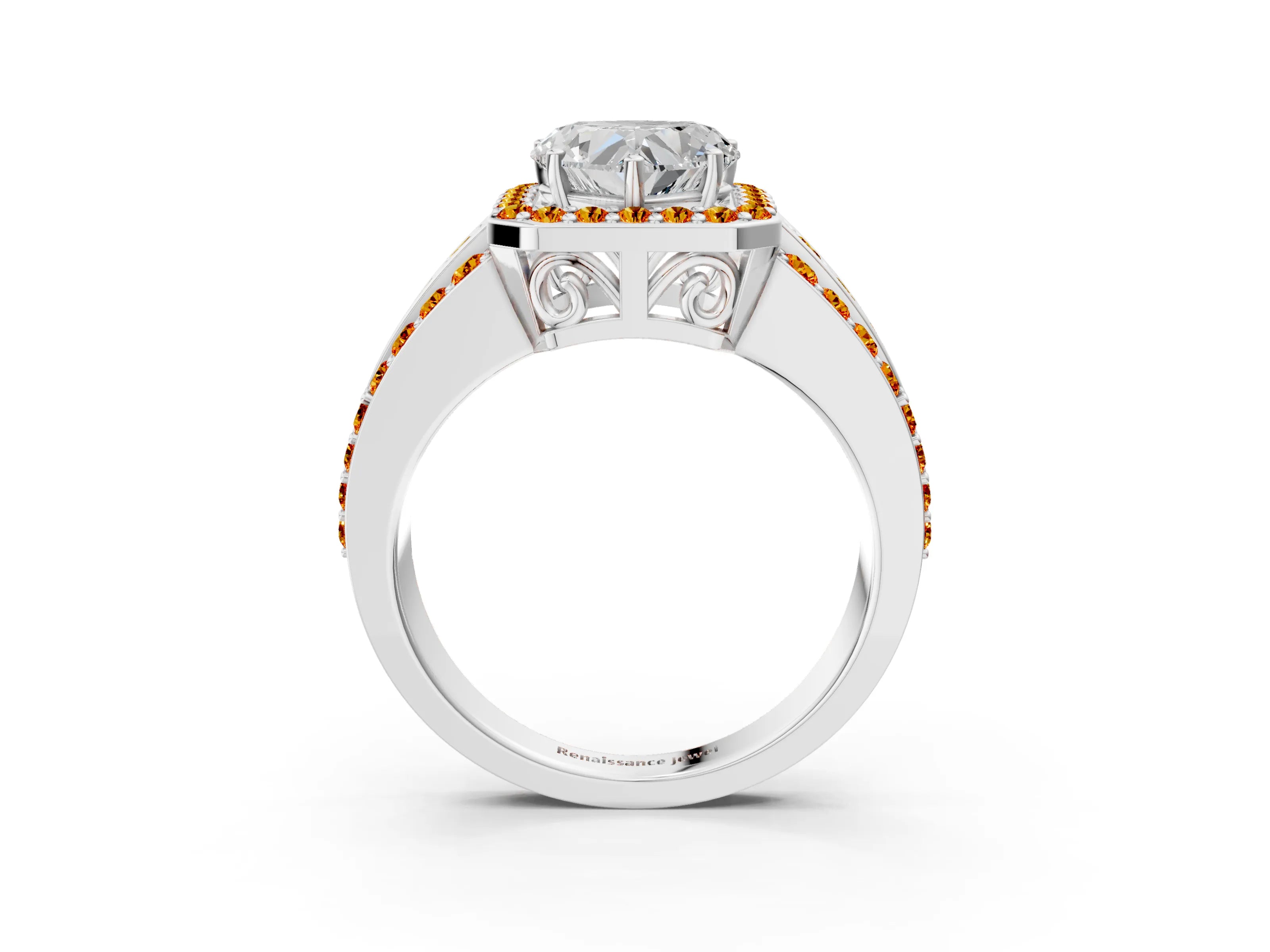 White gold Heart Cut Halo Diamond Ring with Round with Citrine side stone Split Shank and Prong Setting_15