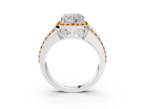 White gold Heart Cut Halo Diamond Ring with Round with Citrine side stone Split Shank and Prong Setting_15