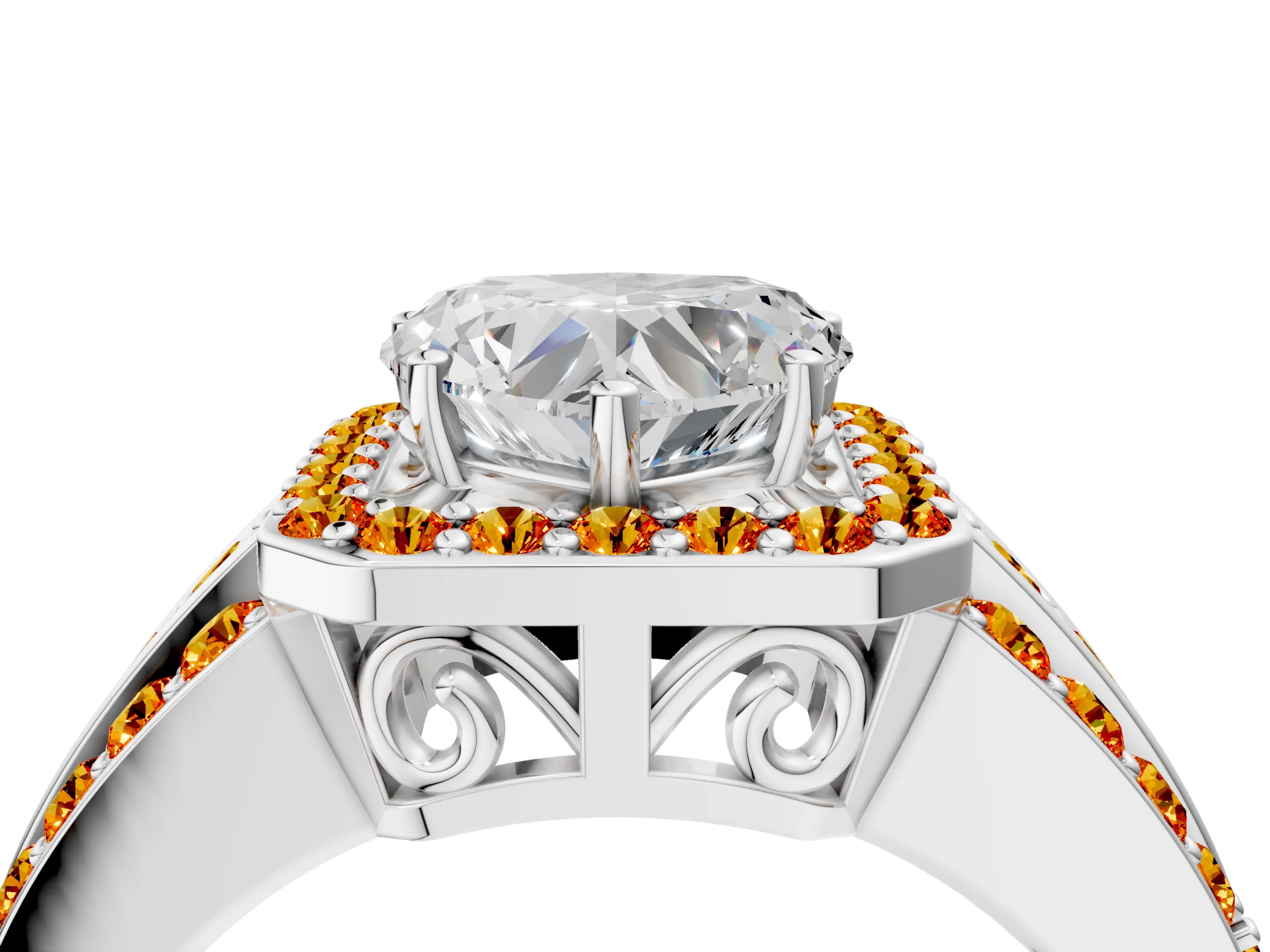 White gold Heart Cut Halo Diamond Ring with Round with Citrine side stone Split Shank and Prong Setting_16