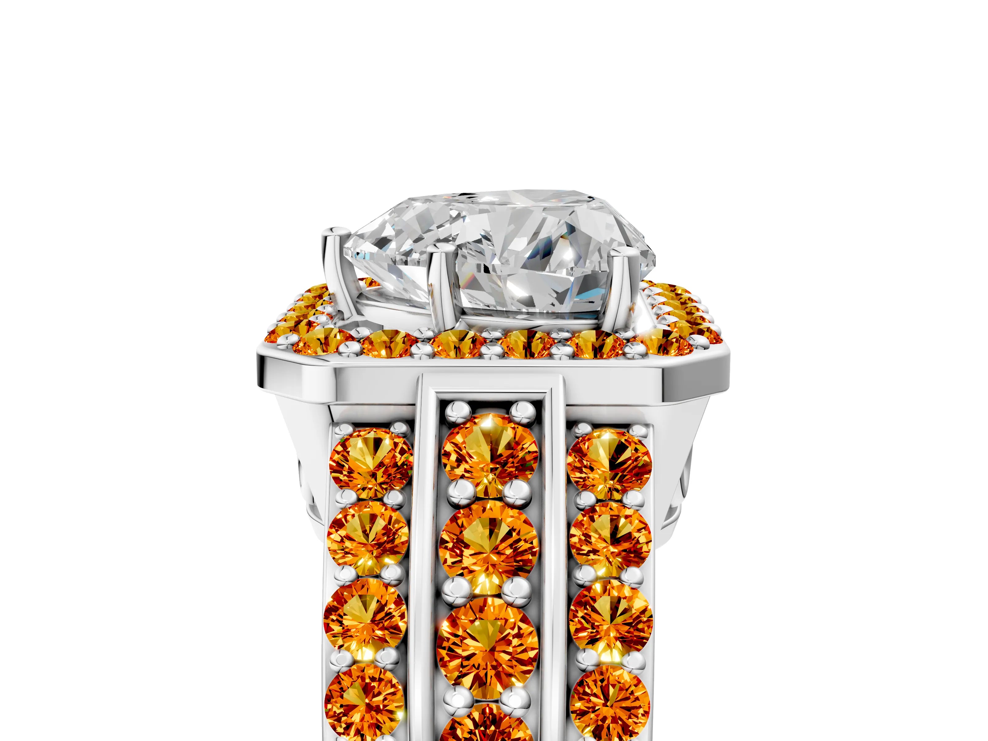 White gold Heart Cut Halo Diamond Ring with Round with Citrine side stone Split Shank and Prong Setting_17