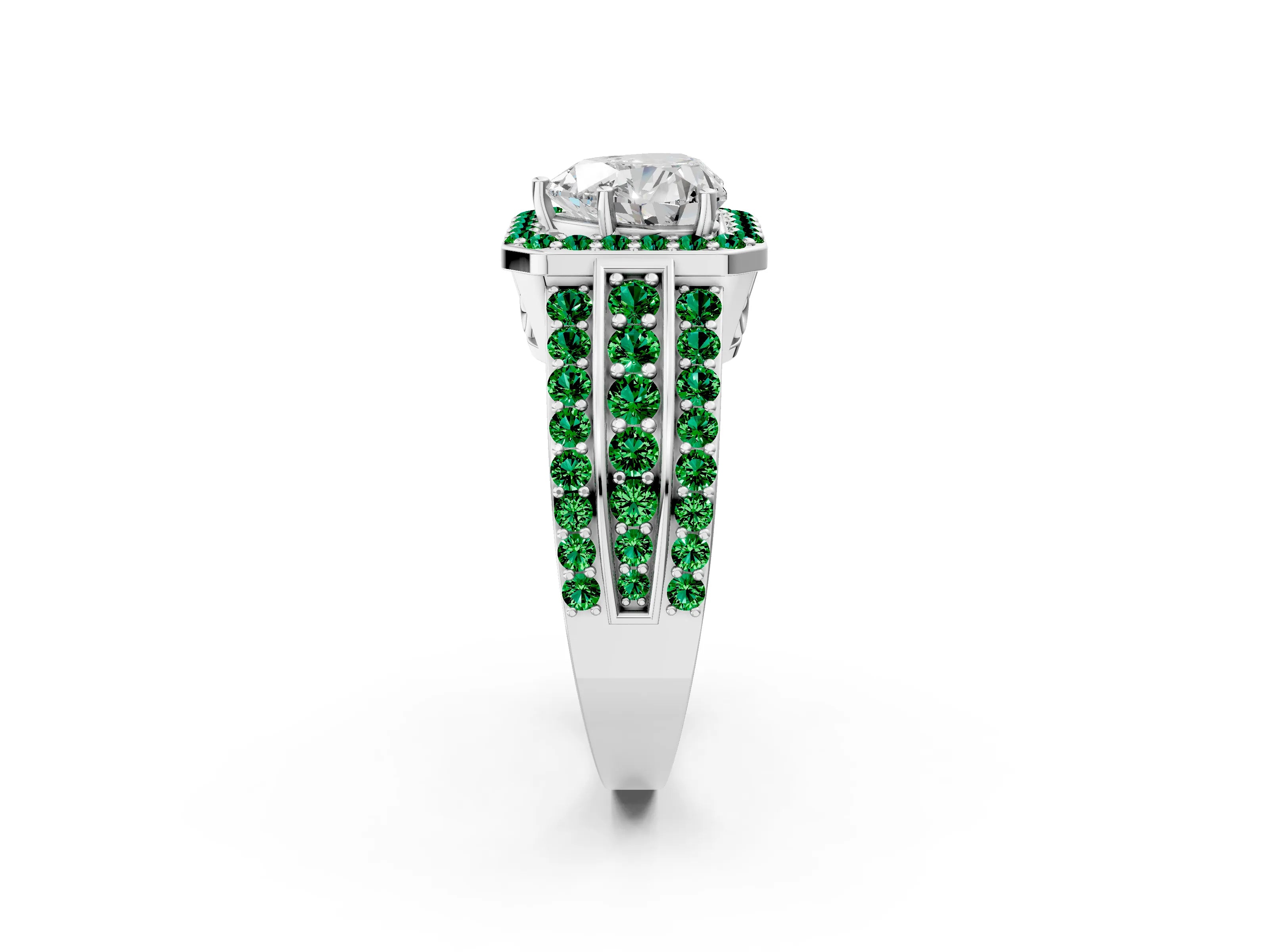 White gold Heart Cut Halo Diamond Ring with Round with Emerald side stone Split Shank and Prong Setting_26