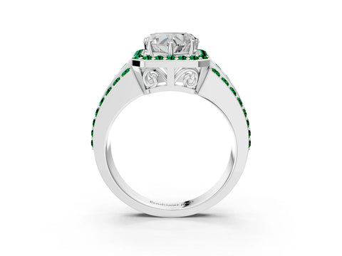 White gold Heart Cut Halo Diamond Ring with Round with Emerald side stone Split Shank and Prong Setting_27