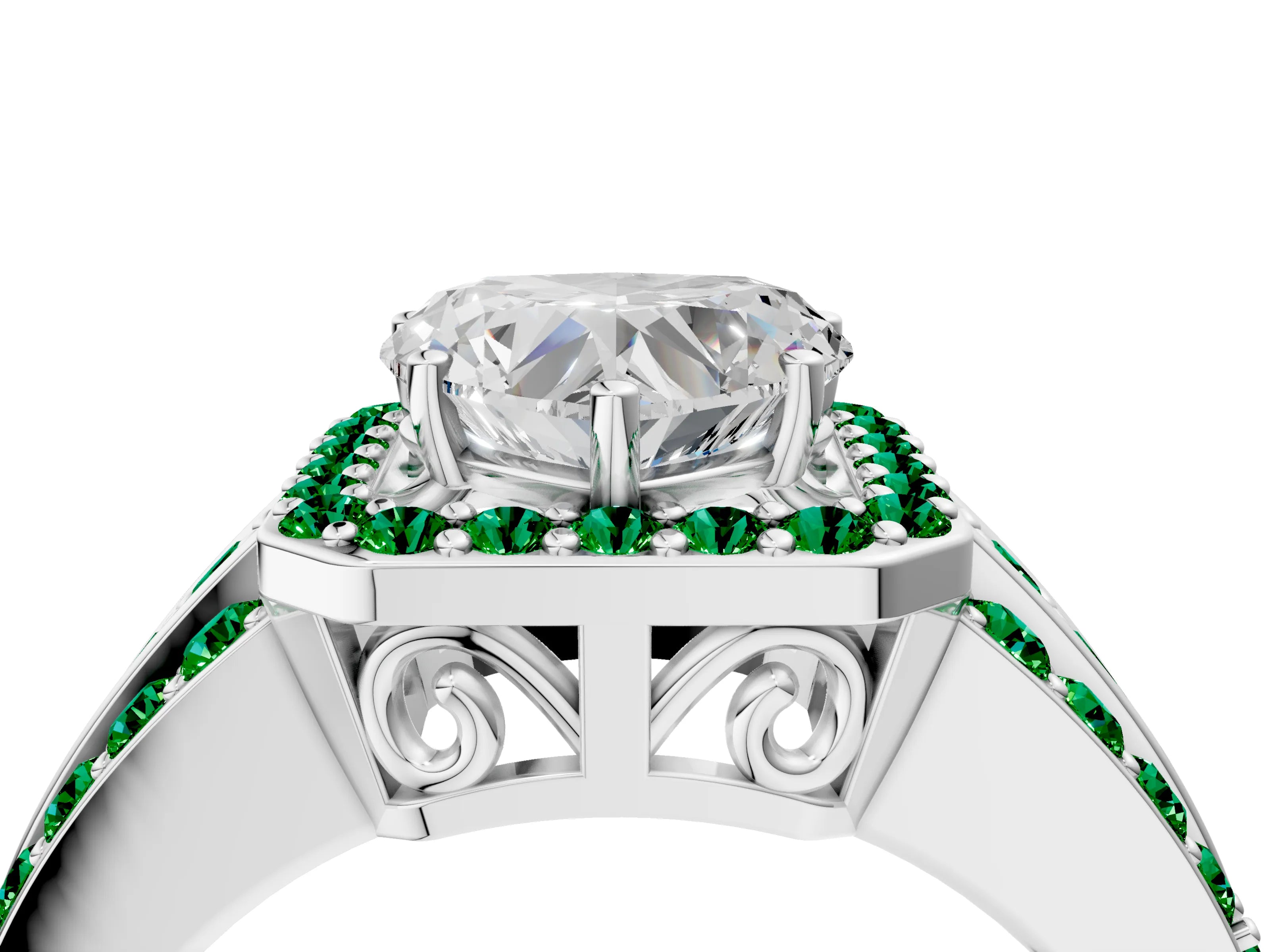 White gold Heart Cut Halo Diamond Ring with Round with Emerald side stone Split Shank and Prong Setting_28