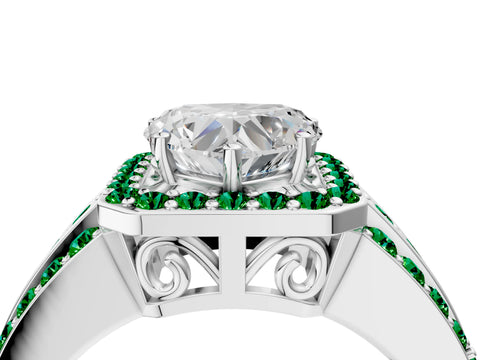 White gold Heart Cut Halo Diamond Ring with Round with Emerald side stone Split Shank and Prong Setting_28