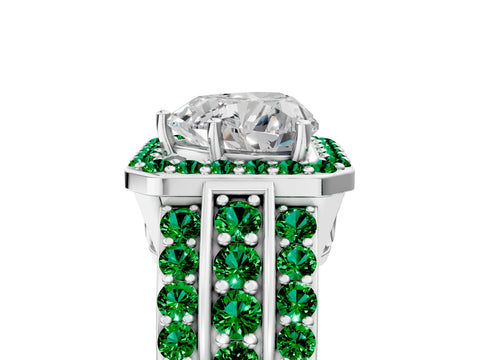 White gold Heart Cut Halo Diamond Ring with Round with Emerald side stone Split Shank and Prong Setting_29