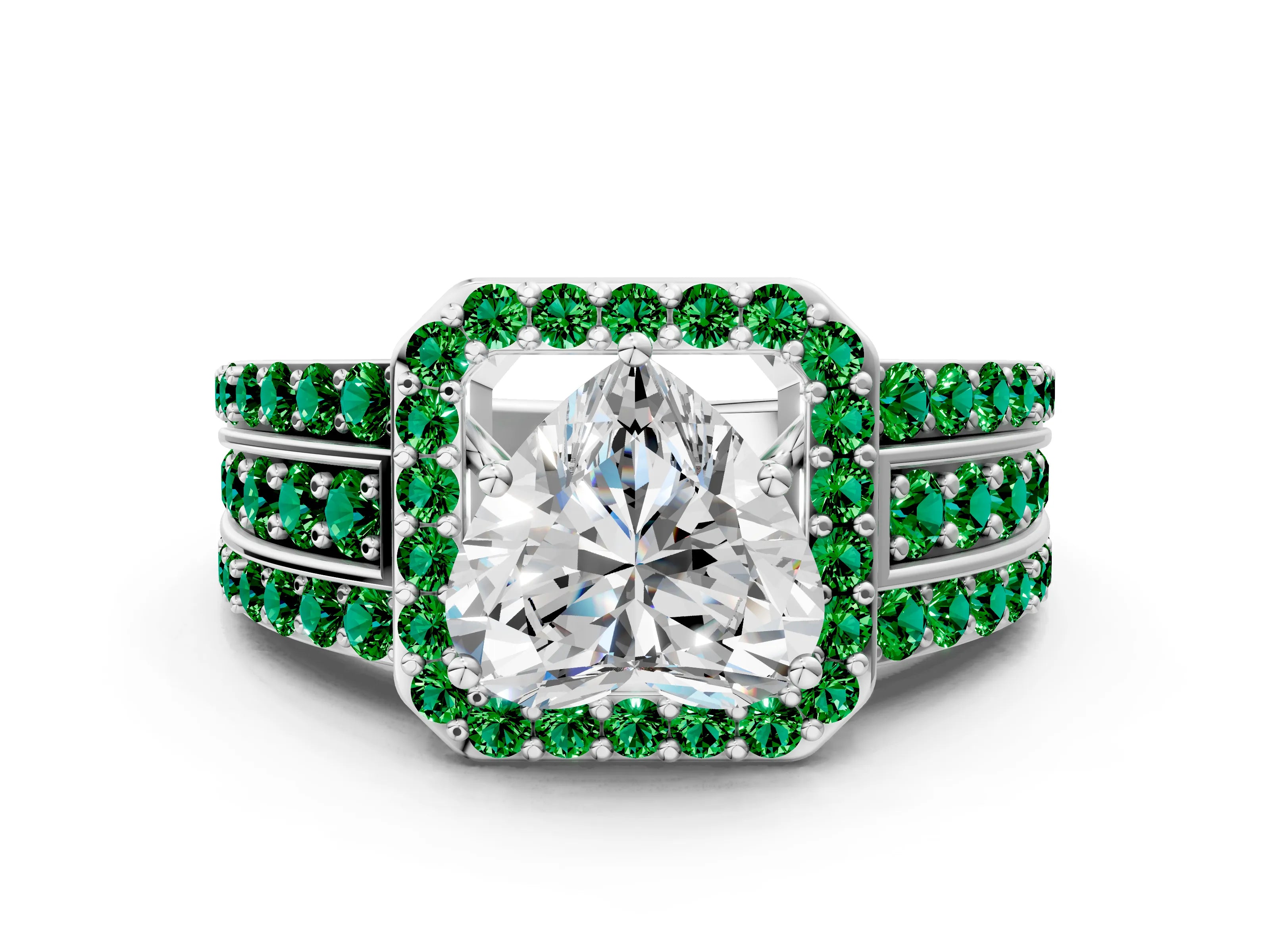 White gold Heart Cut Halo Diamond Ring with Round with Emerald side stone Split Shank and Prong Setting_36