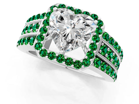 White gold Heart Cut Halo Diamond Ring with Round with Emerald side stone Split Shank and Prong Setting_37