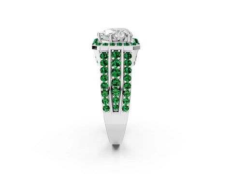 White gold Heart Cut Halo Diamond Ring with Round with Emerald side stone Split Shank and Prong Setting_38