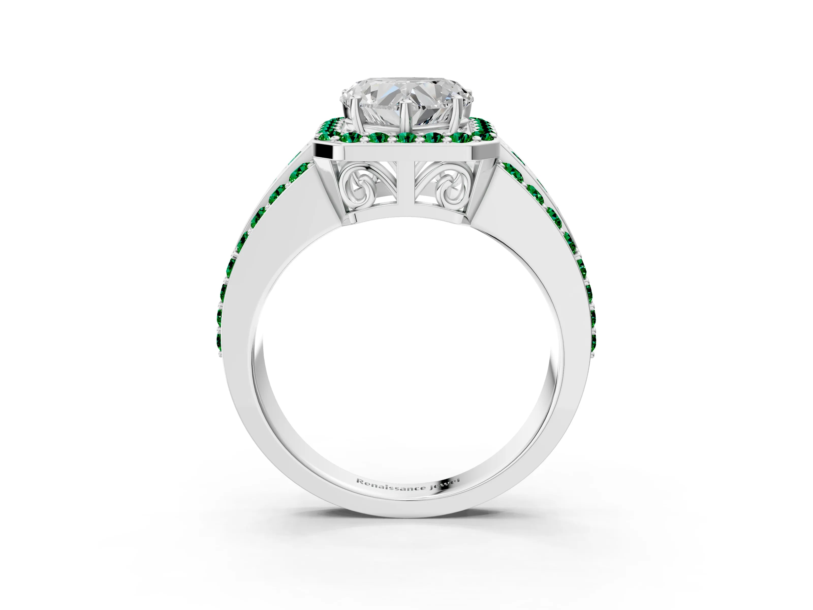 White gold Heart Cut Halo Diamond Ring with Round with Emerald side stone Split Shank and Prong Setting_39