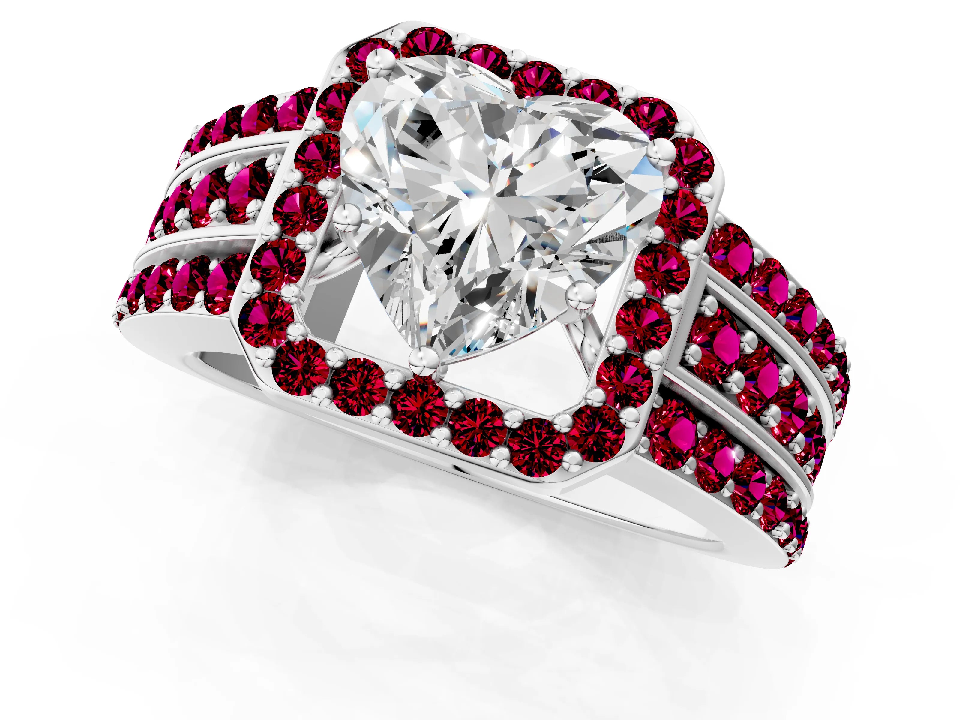 White gold Heart Cut Halo Diamond Ring with Round with Garnet side stone Split Shank and Prong Setting_25