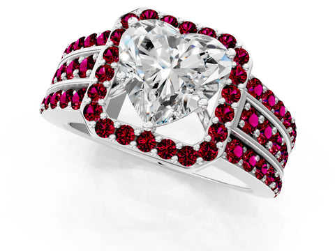 White gold Heart Cut Halo Diamond Ring with Round with Garnet side stone Split Shank and Prong Setting_25