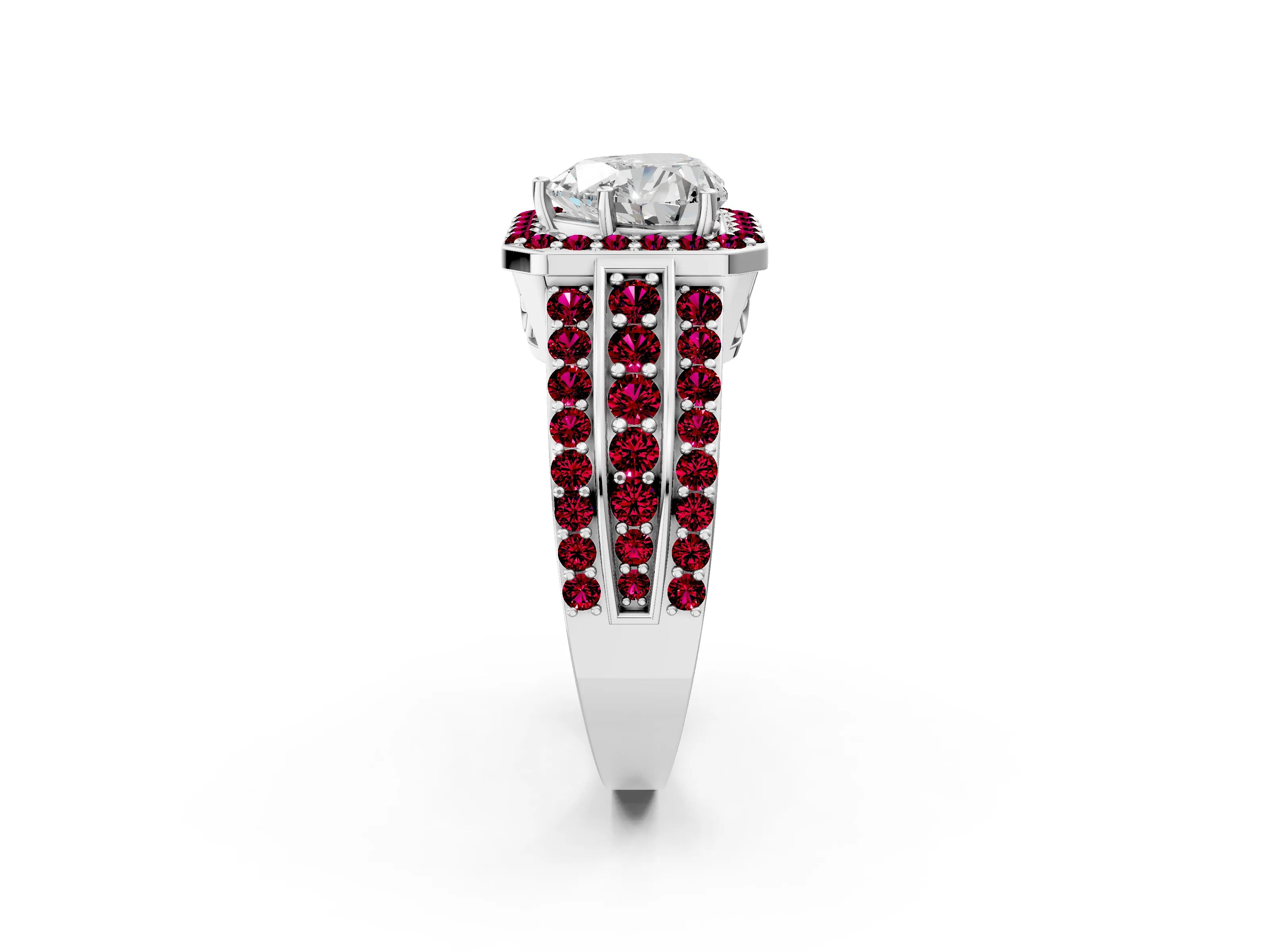 White gold Heart Cut Halo Diamond Ring with Round with Garnet side stone Split Shank and Prong Setting_26