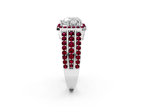 White gold Heart Cut Halo Diamond Ring with Round with Garnet side stone Split Shank and Prong Setting_26