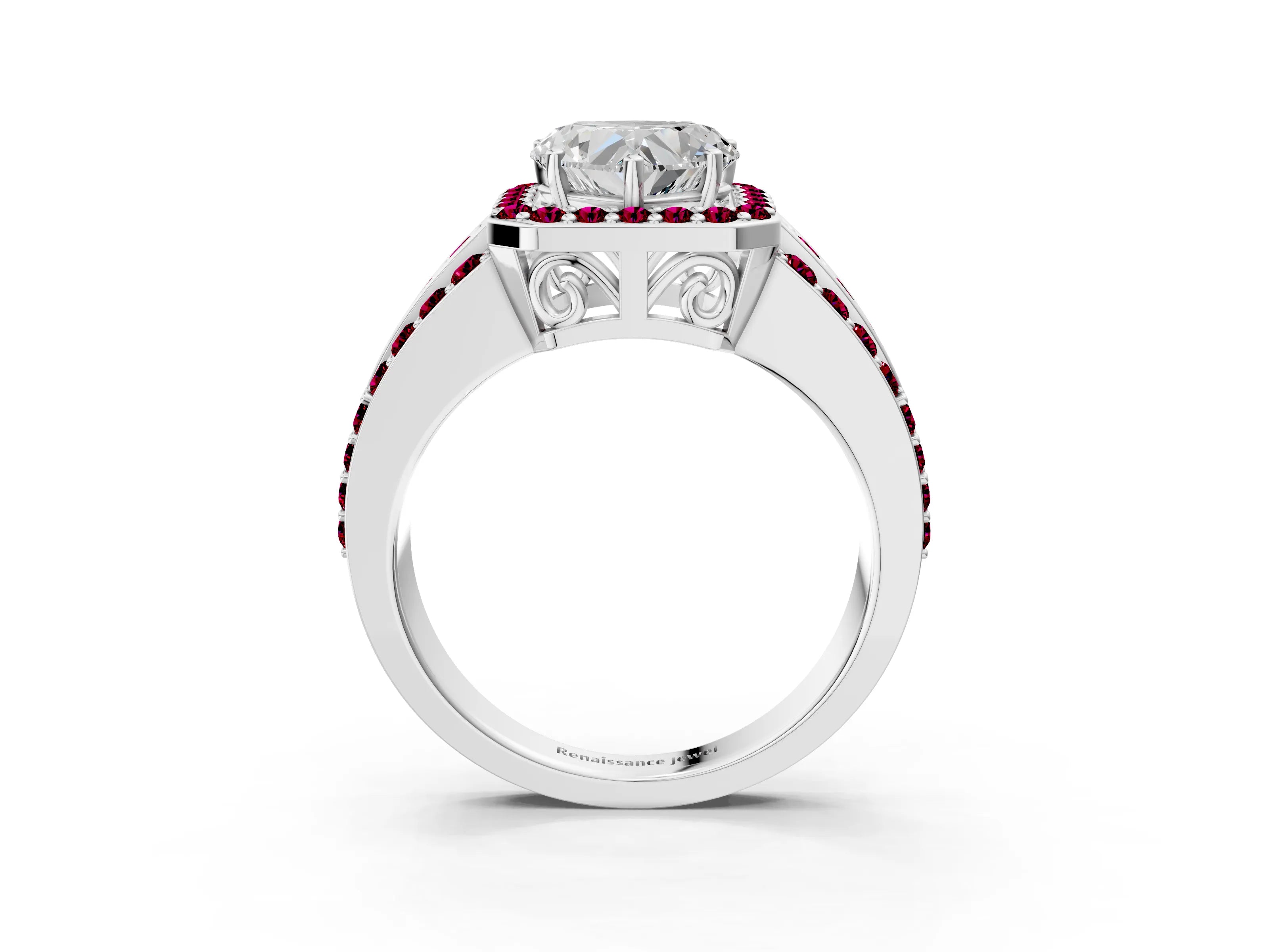 White gold Heart Cut Halo Diamond Ring with Round with Garnet side stone Split Shank and Prong Setting_27