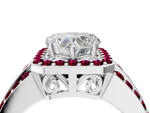White gold Heart Cut Halo Diamond Ring with Round with Garnet side stone Split Shank and Prong Setting_28