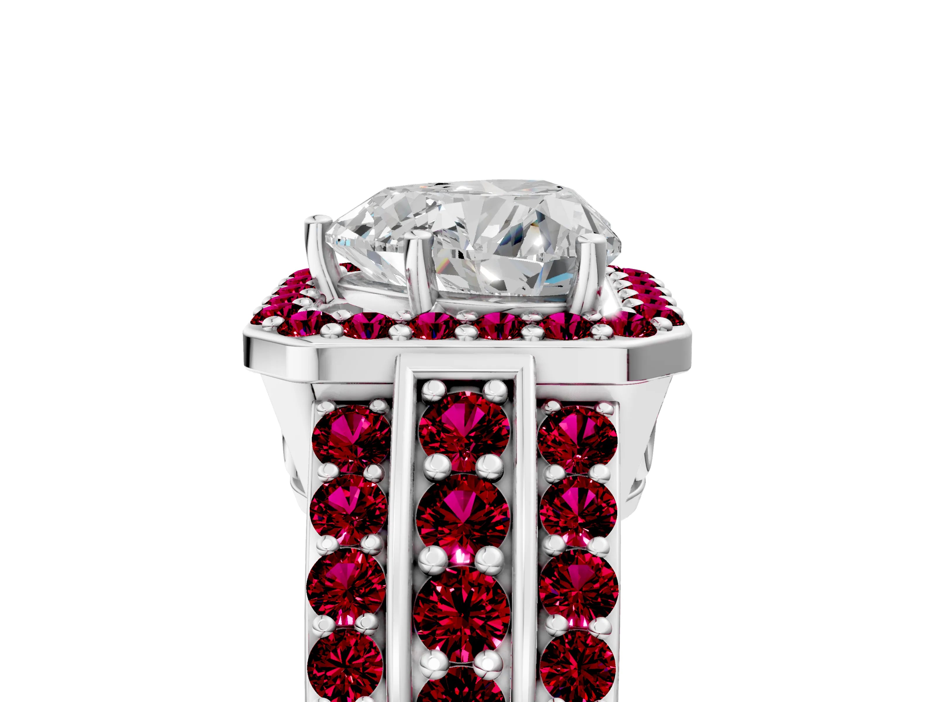 White gold Heart Cut Halo Diamond Ring with Round with Garnet side stone Split Shank and Prong Setting_29