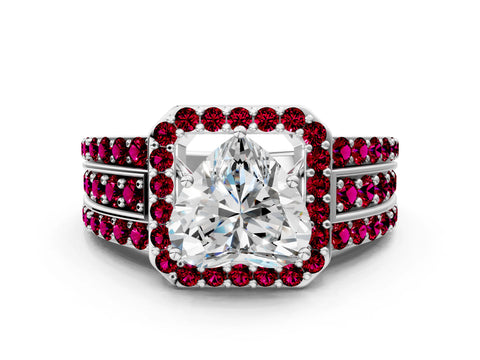 White gold Heart Cut Halo Diamond Ring with Round with Garnet side stone Split Shank and Prong Setting_36