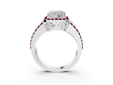 White gold Heart Cut Halo Diamond Ring with Round with Garnet side stone Split Shank and Prong Setting_39