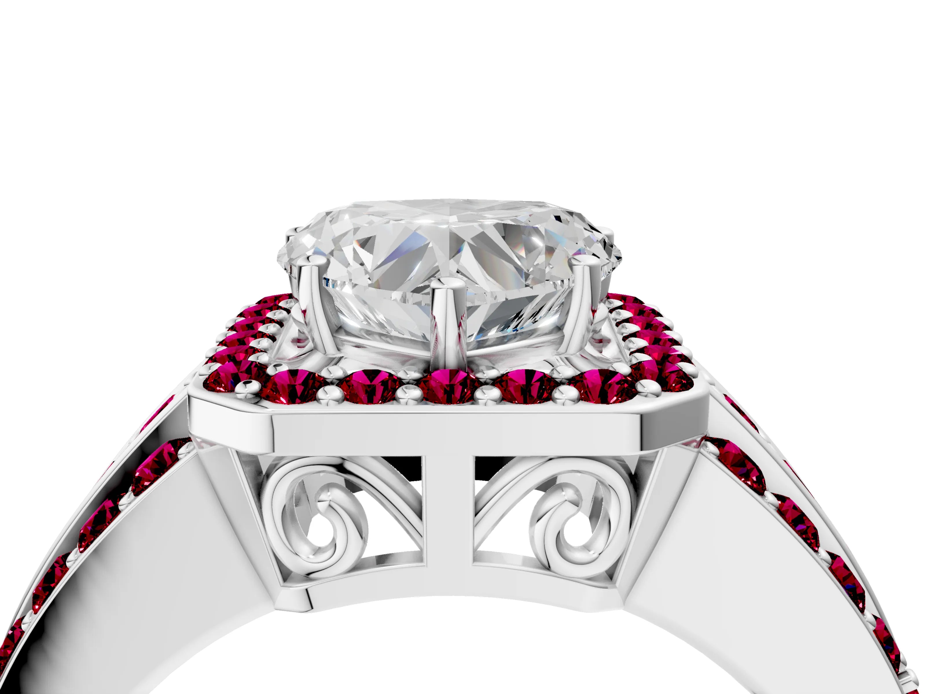 White gold Heart Cut Halo Diamond Ring with Round with Garnet side stone Split Shank and Prong Setting_40