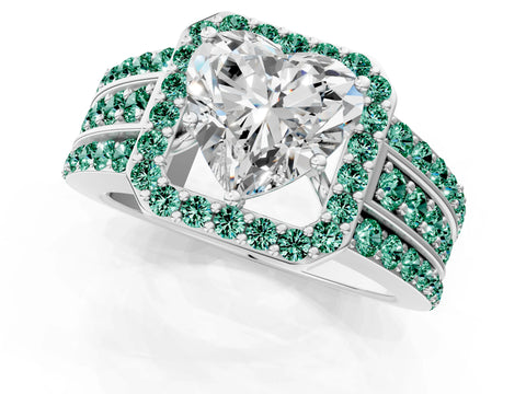White gold Heart Cut Halo Diamond Ring with Round with Green Sapphire side stone Split Shank and Prong Setting_25