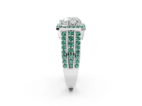 White gold Heart Cut Halo Diamond Ring with Round with Green Sapphire side stone Split Shank and Prong Setting_26