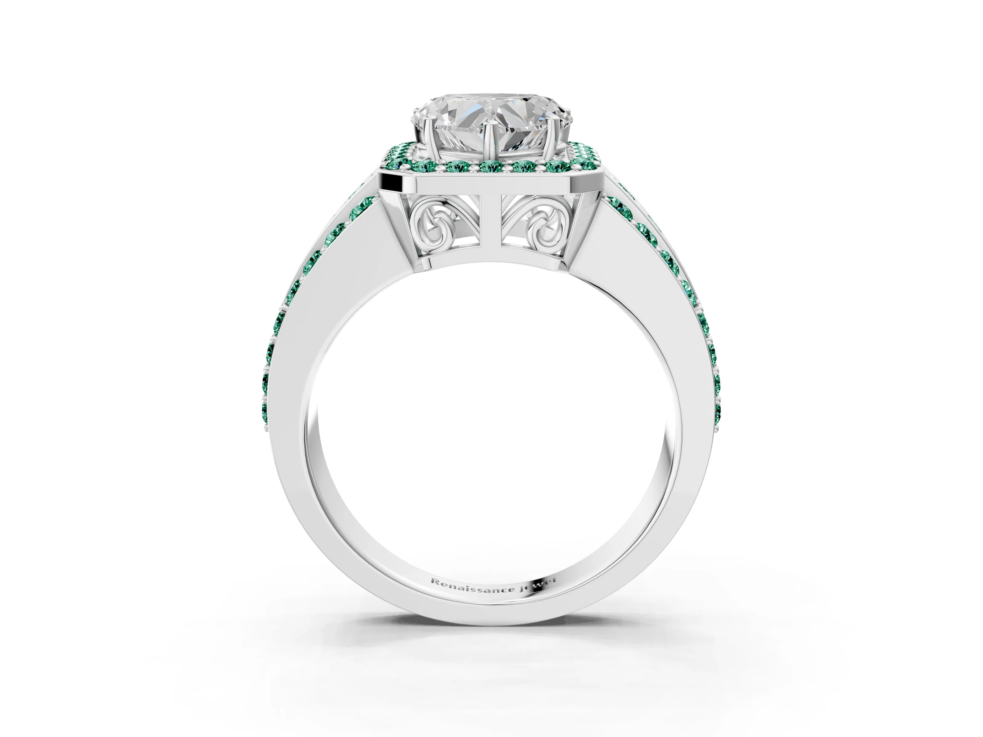 White gold Heart Cut Halo Diamond Ring with Round with Green Sapphire side stone Split Shank and Prong Setting_27