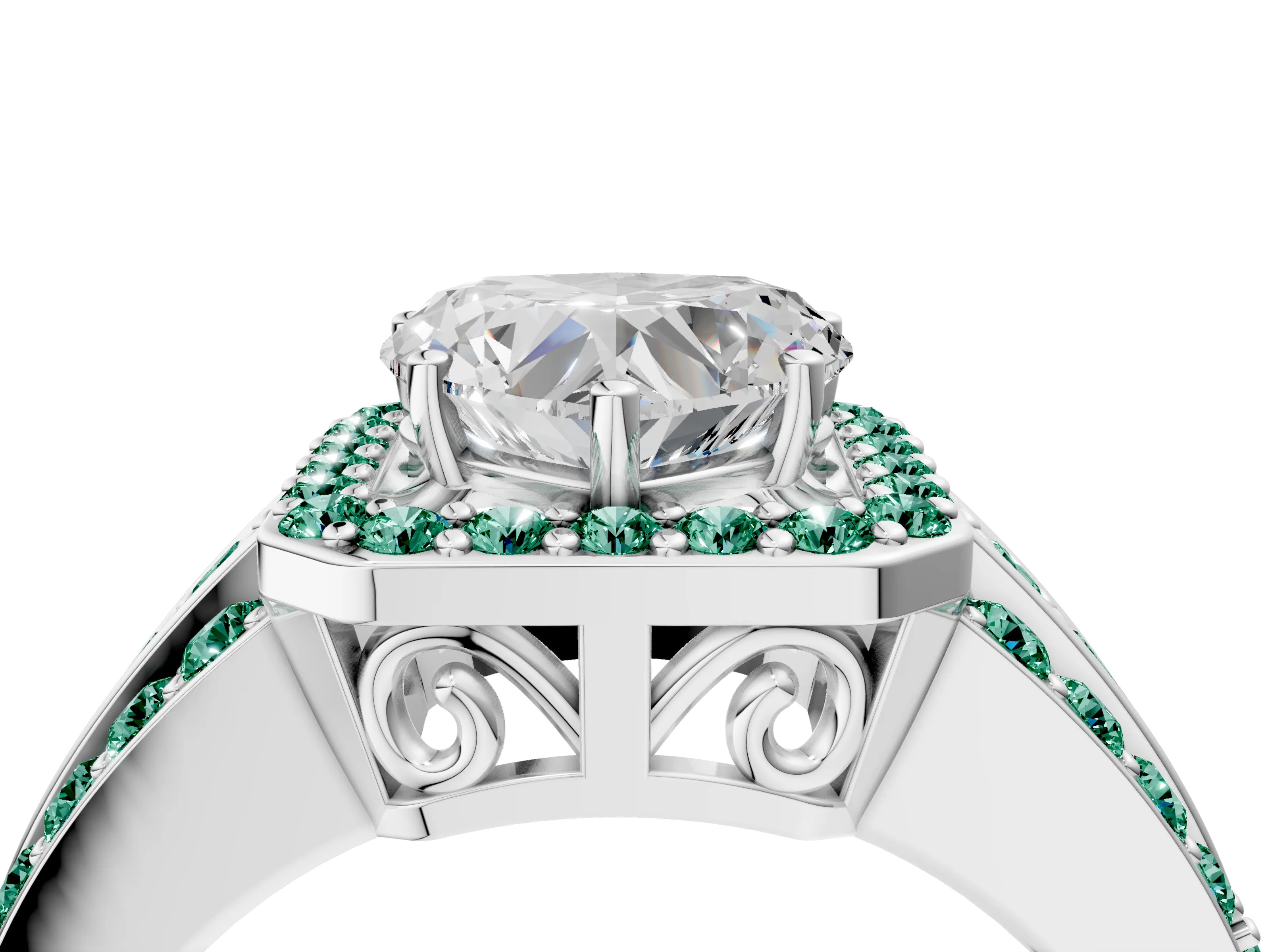 White gold Heart Cut Halo Diamond Ring with Round with Green Sapphire side stone Split Shank and Prong Setting_28