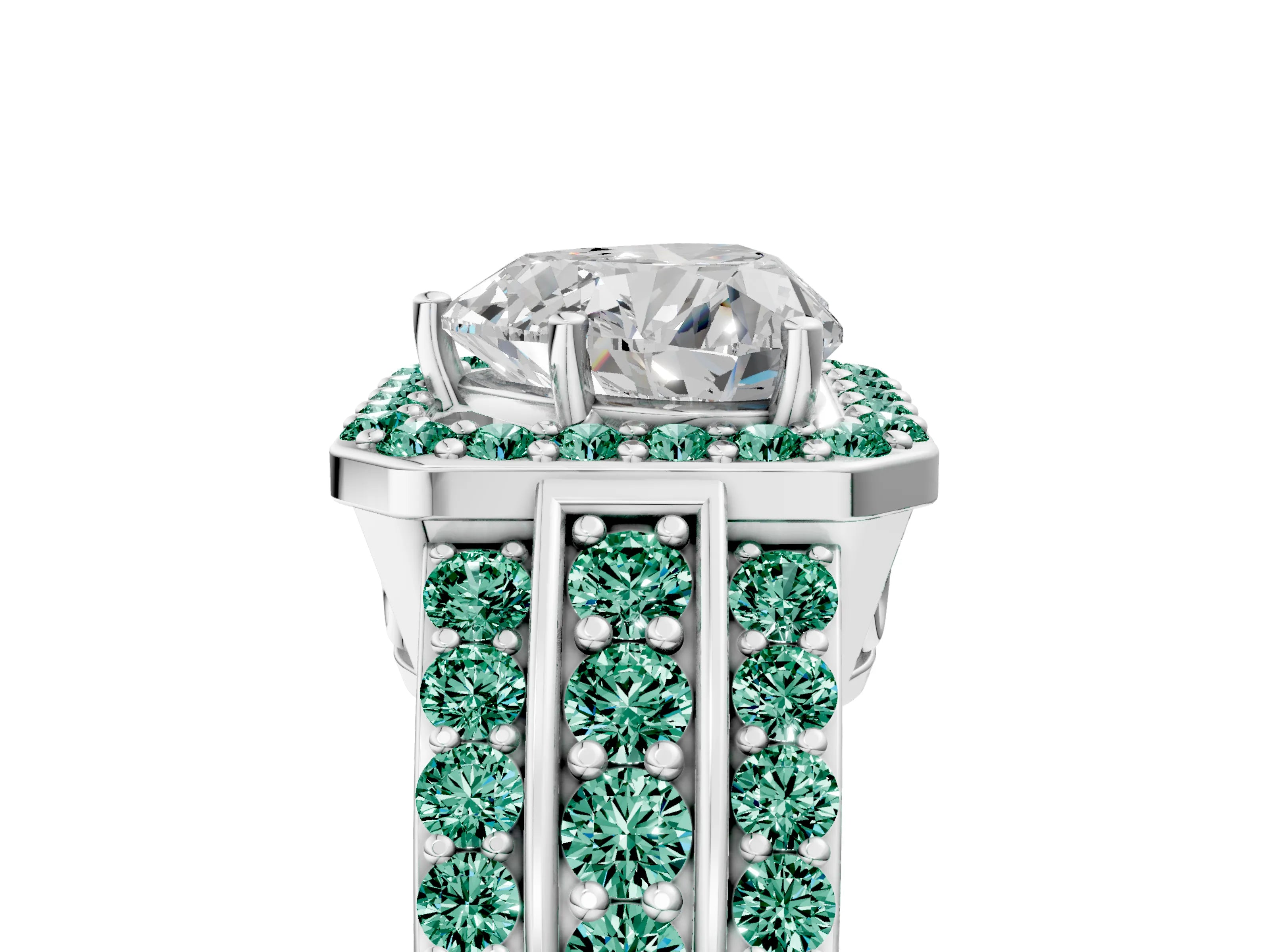 White gold Heart Cut Halo Diamond Ring with Round with Green Sapphire side stone Split Shank and Prong Setting_29
