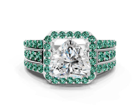 White gold Heart Cut Halo Diamond Ring with Round with Green Sapphire side stone Split Shank and Prong Setting_33