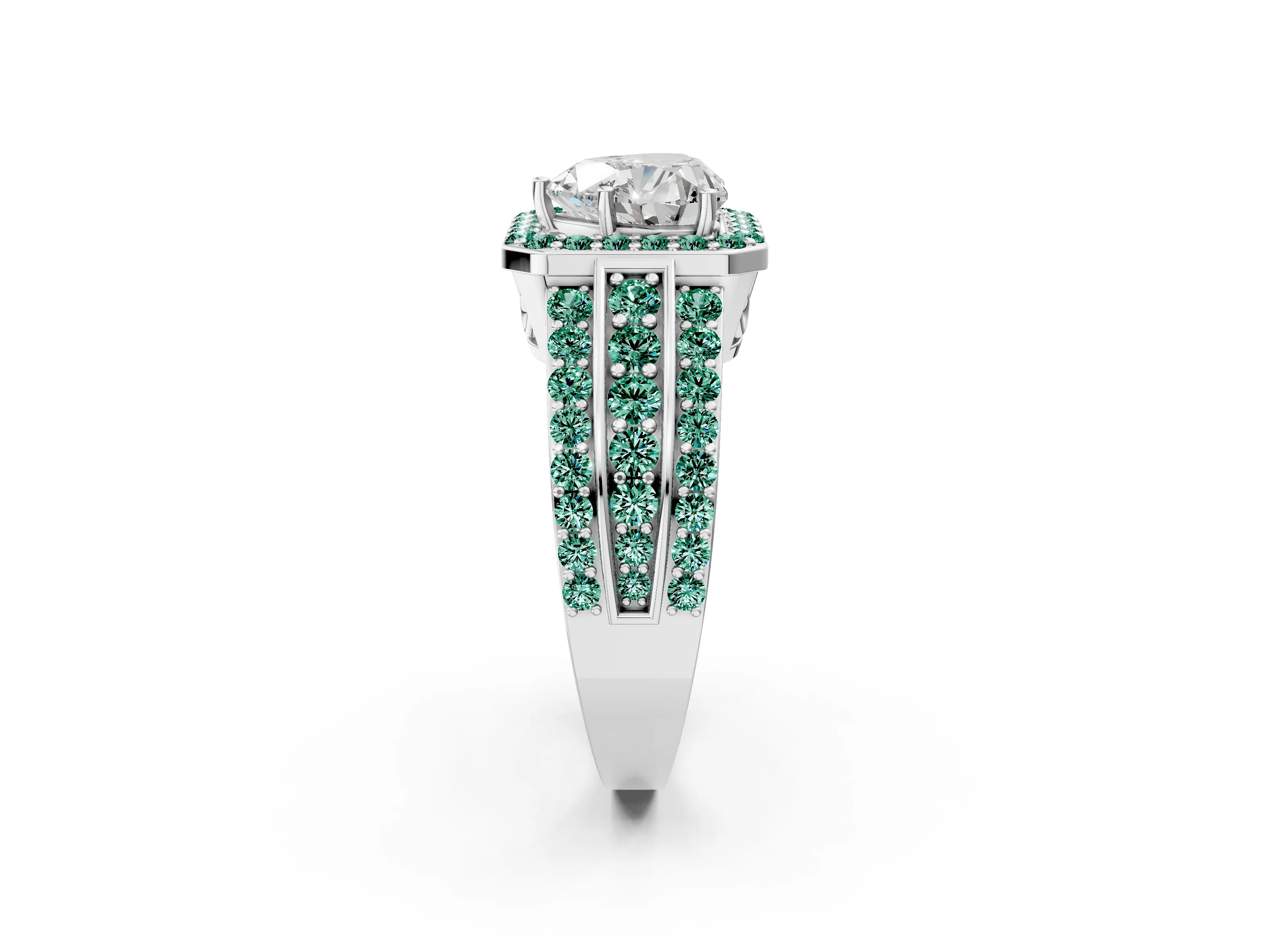 White gold Heart Cut Halo Diamond Ring with Round with Green Sapphire side stone Split Shank and Prong Setting_35