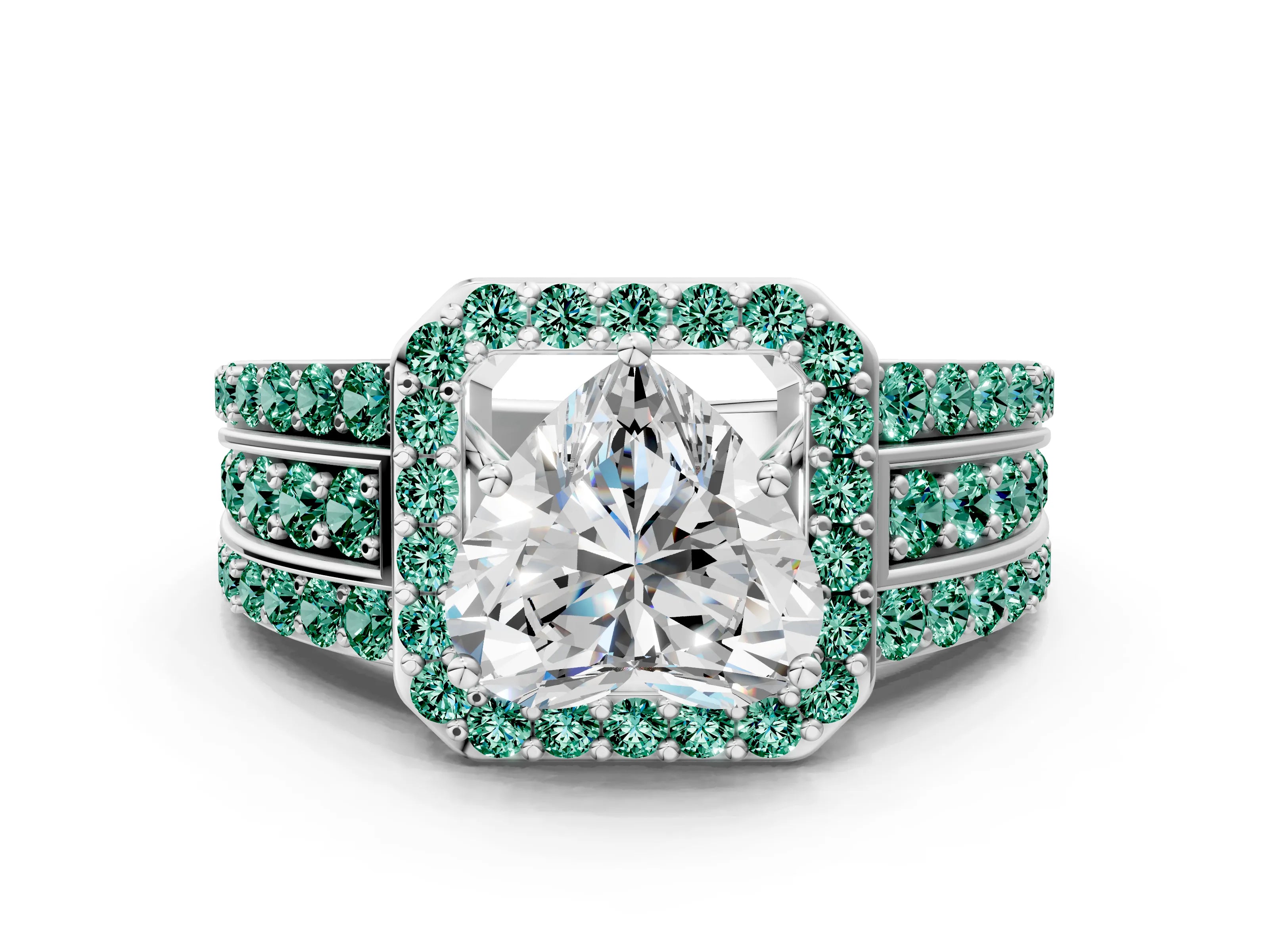 White gold Heart Cut Halo Diamond Ring with Round with Green Sapphire side stone Split Shank and Prong Setting_36